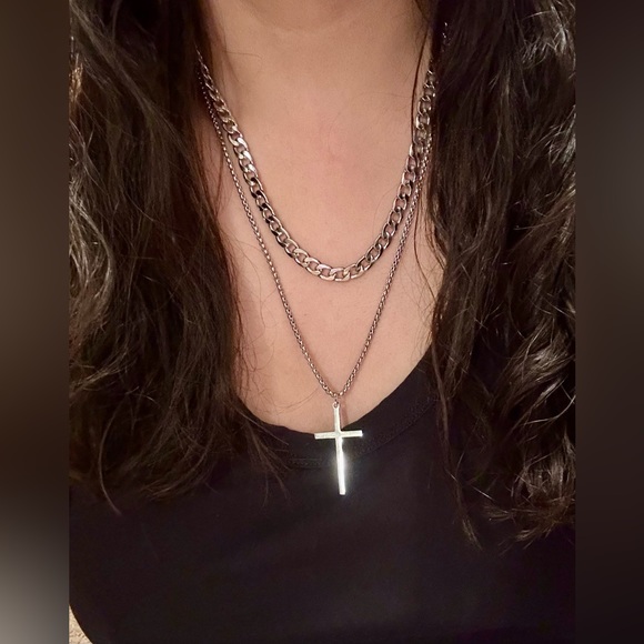 Stainless Steel Cross Necklace Men Women Unisex Religious Christian Layered New - Picture 2 of 10